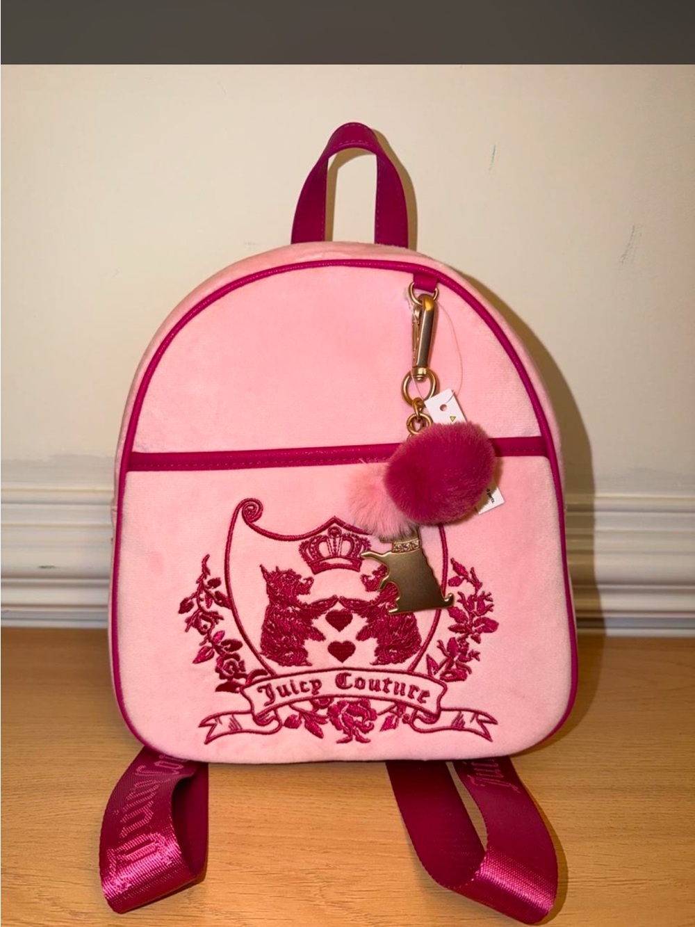 Juicy Couture Pink Velvet Kids Mini Backpack with Pom Charm - Picture 3 of 9